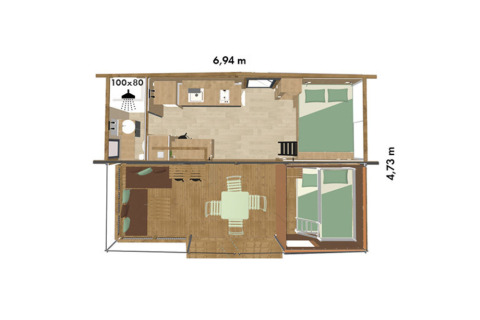Planimetria della Tiny Lodge al Seasonova Camping Les Rives d'Olt et Aubrac con due camere e soggiorno.