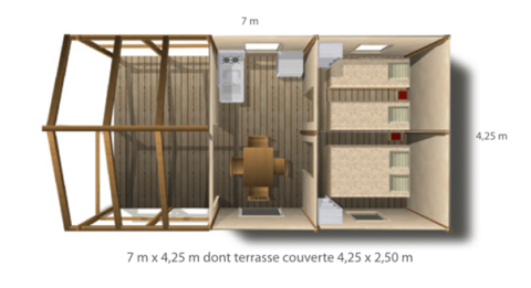 Plantegning af Lodge Confort safaritelt på Seasonova Camping Les Rives d'Olt et Aubrac i Frankrig, 7 m x 4,25 m.