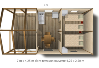 Plantegning af Lodge Confort safaritelt på Seasonova Camping Les Rives d'Olt et Aubrac i Frankrig, 7 m x 4,25 m.