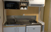Cocina compacta en una casa de naturaleza, con fregadero, fogones, microondas, nevera y estantes.