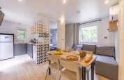 Modern premium mobile home at Seasonova Camping Le Val de Coise, France, with kitchen, dining, and living area.
