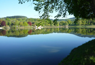 Fredfyldt sølandskab nær Saint-Rémy-sur-Durolle i Auvergne-Rhône-Alpes, Frankrig, med grønne træer og spejlblankt vand.