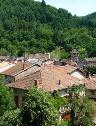 Vista di Saint-Rémy-sur-Durolle in Francia, con tetti in tegole e colline boschive verdi sullo sfondo.