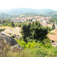 Panorama di Saint-Rémy-sur-Durolle in Auvergne-Rhône-Alpes, Francia, con case, alberi e colline verdi.
