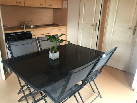 Zona pranzo con tavolo in vetro nero, quattro sedie e pianta in Chalet Eco presso Camping Paradis Les Chanterelles, Francia.