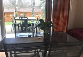 Tavolo da pranzo con pianta, vista su area esterna e chalet in legno al Chalet Eco, Camping Paradis Les Chanterelles, Francia.