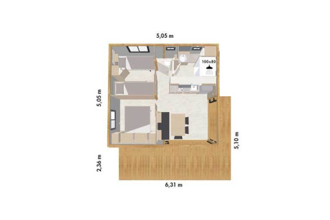 Plano de una cabaña con sala, cocina, dos dormitorios, baño y terraza, todas las dimensiones indicadas.