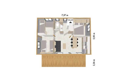 Plano de la cabaña Premium en Seasonova Camping Le Brabois, Francia, con distribución y medidas de habitaciones.