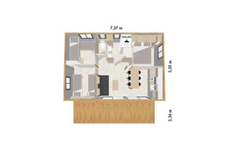 Plano de la cabaña Premium en Seasonova Camping Le Brabois, Francia, con distribución y medidas de habitaciones.