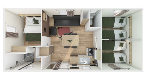Top-down view of a glamping accommodation floor plan featuring bedrooms, living area, kitchen, and bathroom.