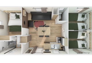 Vista cenital de un alojamiento glamping con dormitorios, sala de estar, cocina y cuarto de baño.