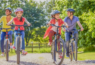 A family enjoys cycling together on a gravel path under the sun, surrounded by lush trees and nature.