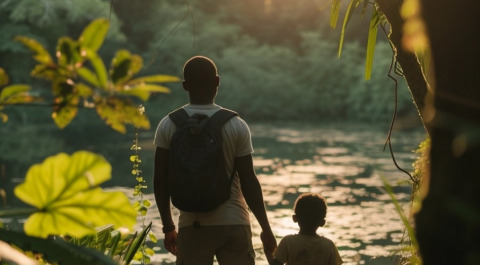Un père et son fils admirent un lac paisible entouré de verdure au Seasonova Camping Le Lac de Cazaux, Occitanie.