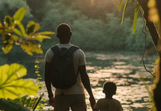 Un père et son fils admirent un lac paisible entouré de verdure au Seasonova Camping Le Lac de Cazaux, Occitanie.