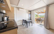 Moderne Lodge mit Küche, Esstisch und überdachter Terrasse mit Blick auf grüne Landschaft und Bäume.