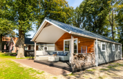 Modern wooden cabin at Campsite de Witte Berg in Overijssel, Netherlands, surrounded by trees in sunlight.