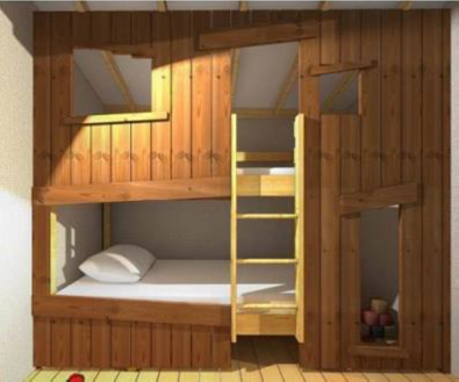 Houten stapelbed in Log cabin «Cotton Comfort» bij Flower Camping Le Bel Air, Frankrijk.