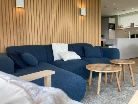 Modern living room in Duinvilla at EuroParcs Texel with blue sofa, wooden tables, and panel wall.