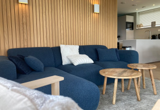 Modern living room in Duinvilla at EuroParcs Texel with blue sofa, wooden tables, and panel wall.