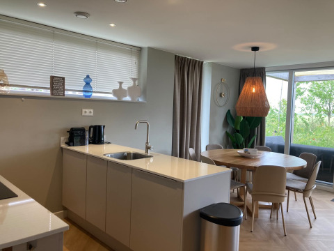 Modern kitchen and dining area at Duinvilla in EuroParcs Texel, Netherlands, with window view and bright décor.
