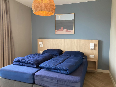 Bedroom at Duinvilla in EuroParcs Texel, Netherlands, featuring blue bedding and contemporary decor.
