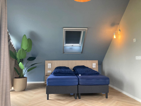Modern bedroom at Duinvilla, EuroParcs Texel, Netherlands, with twin beds, skylight, and a large potted plant.