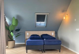 Modern bedroom at Duinvilla, EuroParcs Texel, Netherlands, with twin beds, skylight, and a large potted plant.