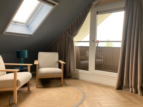 Modern seating area in Duinvilla at EuroParcs Texel, Netherlands, with armchairs, lamp and glass doors.