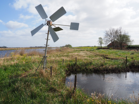 Kleines Haus und Windrad am Wasser im Ferienpark Eigen Wijze, Niederlande, mit grüner Wiese.