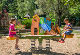 Twee kinderen spelen op een wip aan Flower Camping Le Pont du Tarn, omringd door natuur.