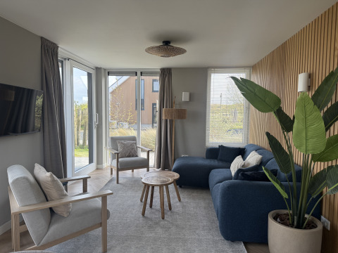 Contemporary living room at Duinvilla, EuroParcs Texel, Netherlands, with cozy seating, sunlight, and indoor plant.