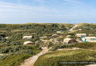 Tende tra le dune verdi al Camping Kogerstrand, parco vacanze in Olanda Settentrionale, Paesi Bassi, sotto cielo sereno.