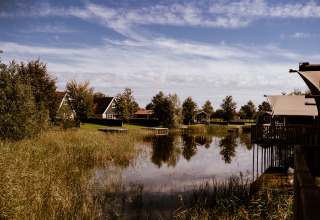 Uitzicht op Group lodge bij Holiday park Eigen Wijze in Nederland, omringd door vijver en groen.