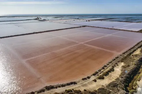 Luftfoto af saltbassiner nær Gruissan, Occitanie, Frankrig, med farvede sektioner og kystlinje i baggrunden.