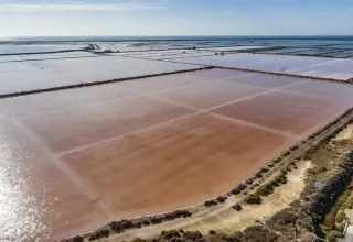 Luftfoto af saltbassiner nær Gruissan, Occitanie, Frankrig, med farvede sektioner og kystlinje i baggrunden.