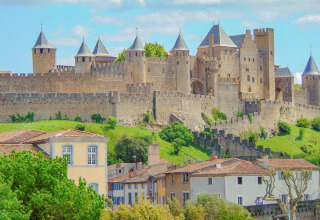 Blik op het middeleeuwse fort Carcassonne met huizen ervoor, vlak bij Gruissan in Occitanië, Frankrijk.
