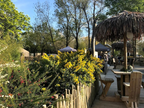 Area esterna con tavoli in legno e ombrelloni di paglia a Camping les Rives de Grand Lieu, Pays de la Loire.