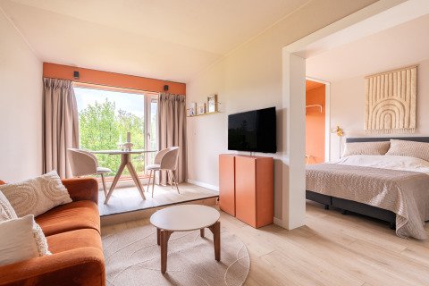 Bright and modern interior of Tiny House XL at De Kremmer in the Netherlands with living and bed areas.