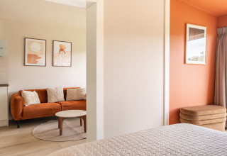 Licht en modern interieur in Tiny House XL bij De Kremmer, met oranje bank en wanddecoratie.