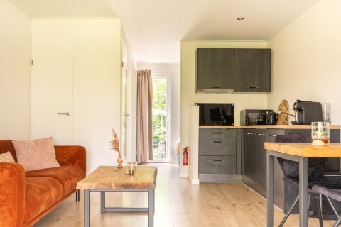 Cozy living room and kitchen in Tiny House at De Kremmer, Netherlands, featuring an orange sofa and table.