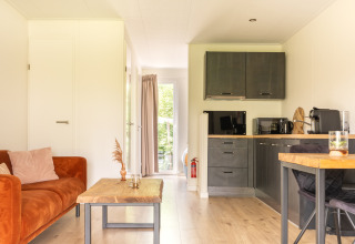 Cozy living room and kitchen in Tiny House at De Kremmer, Netherlands, featuring an orange sofa and table.