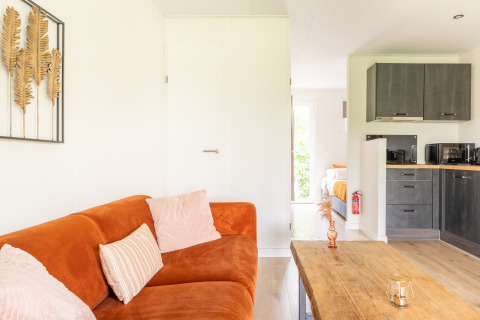Bright tiny house living room with orange sofa, wooden table, modern kitchen, and cozy bedroom in view.
