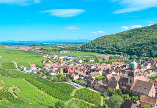 Panoramaudsigt over Bassemberg og det omkringliggende landskab med vinmarker og grønne bakker i Grand Est, Frankrig.