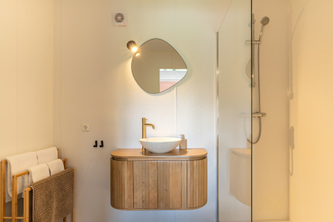 Modern bathroom in Tiny House XL at De Kremmer, Netherlands, with wood vanity and glass shower.
