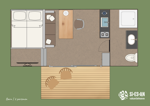 Floor plan of a nature house 'Barn' for 2 people at Campsite Si-Es-An in the Netherlands.