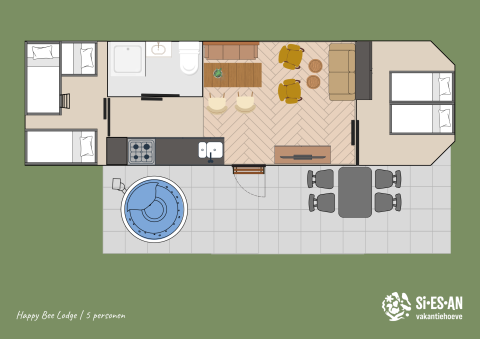 Floor plan of the Happy Bee Lodge at Campsite Si-Es-An in the Netherlands with hot tub and terrace.