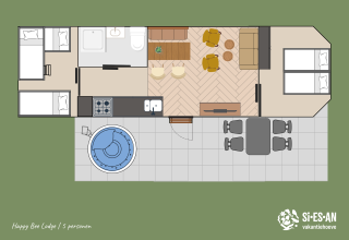 Floor plan of the Happy Bee Lodge at Campsite Si-Es-An in the Netherlands with hot tub and terrace.