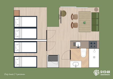 Floor plan of the Cosy house tiny house at Campsite Si-Es-An in the Netherlands, suitable for four people.