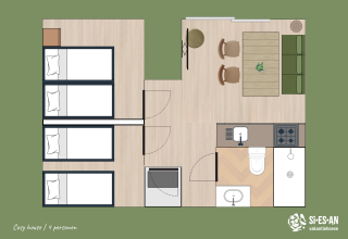 Floor plan of the Cosy house tiny house at Campsite Si-Es-An in the Netherlands, suitable for four people.