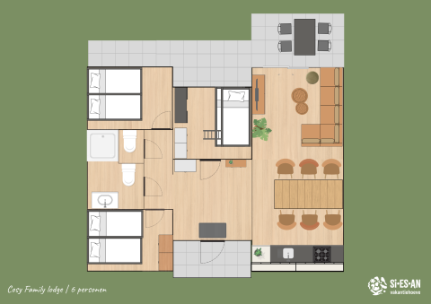 Plattegrond van Cosy Family Lodge voor 6 personen bij Si-Es-An, met living, keuken en drie slaapkamers.